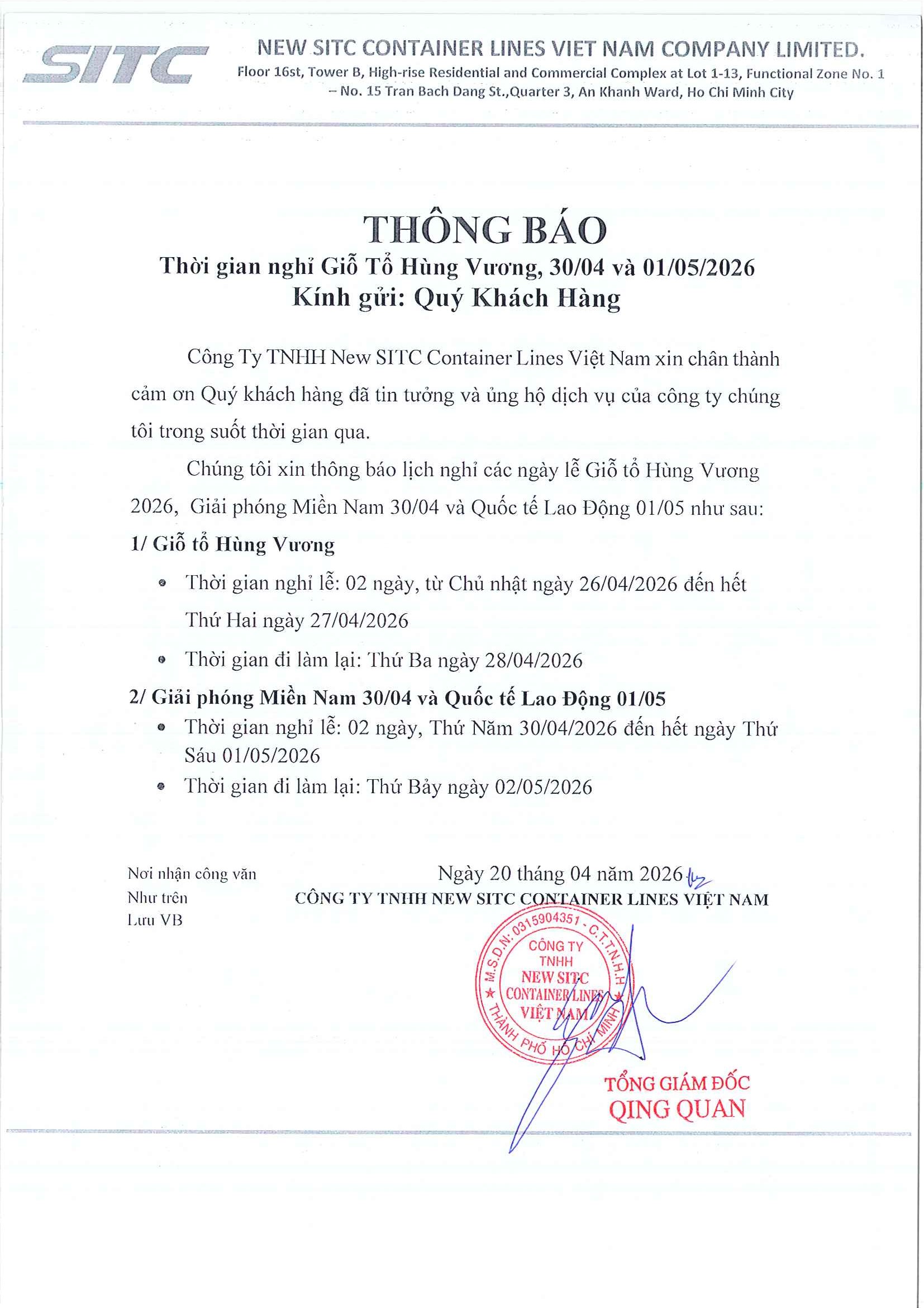 NOTICE PUBLIC HOLIDAYS IN APRIL AND MAY 2026